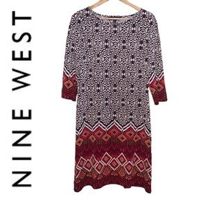 NINE WEST 3/4-sleeve Dress Stretch Aztec Brown Orange Career Wedding Chic Wmn 12